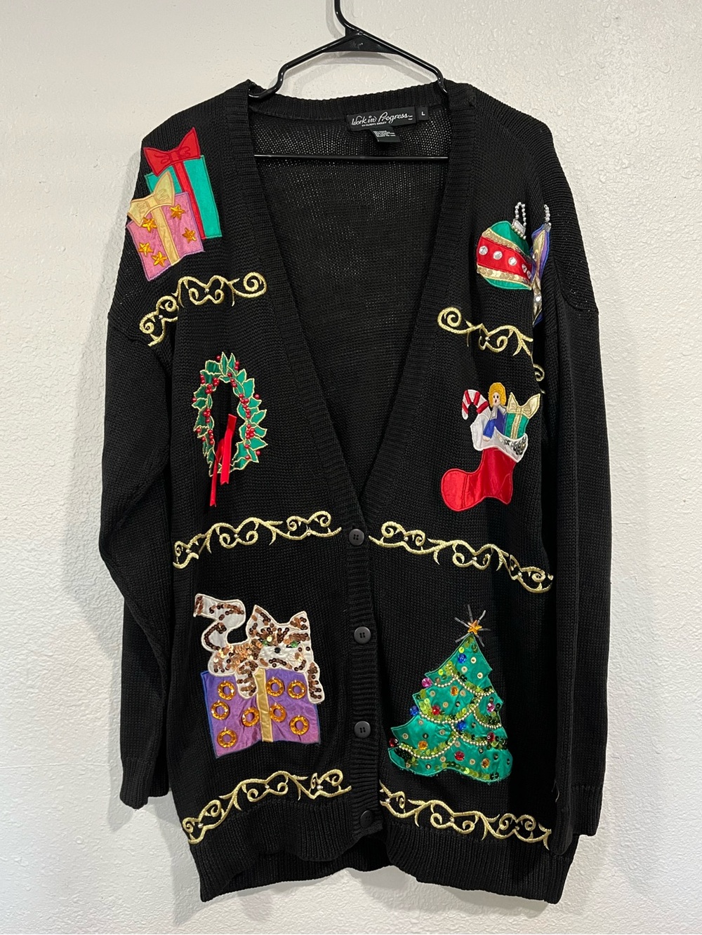 Work in Progress by Gladys Bagley Christmas Sweater Cardigan Size Large